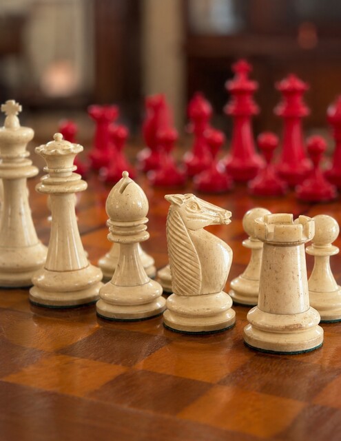 A fine 19th century Staunton chess set, beautifully carved in natural and stained bone. A classic example of the world's most influential chess pattern,