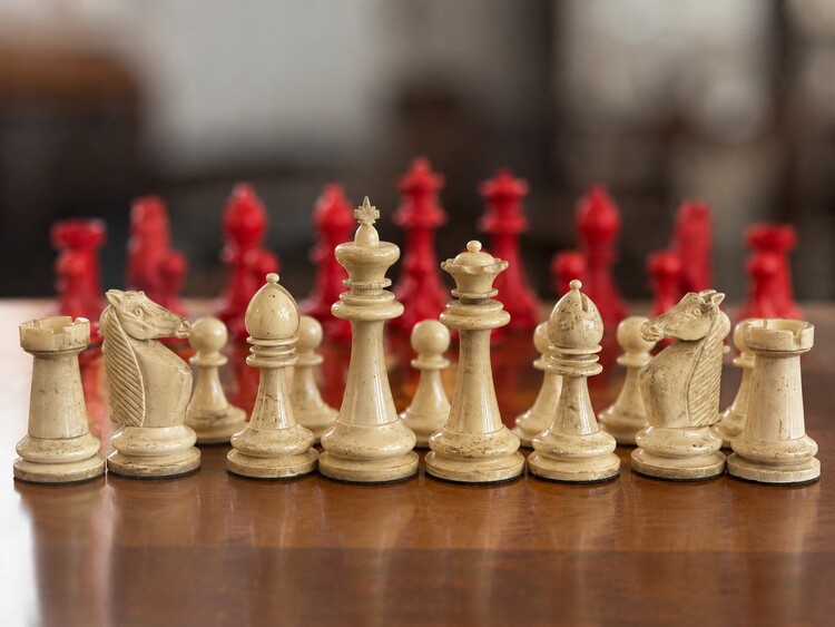 A fine 19th century Staunton chess set, beautifully carved in natural and stained bone. A classic example of the world's most influential chess pattern,