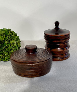 A French 19th Century Beech Lidded Spice Pot with ribbed decoration and an English 19th Century Lignum Vitae turned storage Barrel.