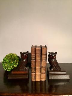 An Antique English Bookstand. Two Hand Carved Owls on Books.
