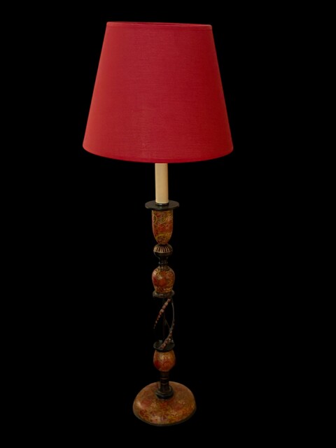 An antique Kashmiri table lamp with a beautifully hand painted base, decorated with colourful floral motifs and fitted with a handmade fabric lampshade.