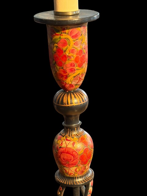 An antique Kashmiri table lamp with a beautifully hand painted base, decorated with colourful floral motifs and fitted with a handmade fabric lampshade.
