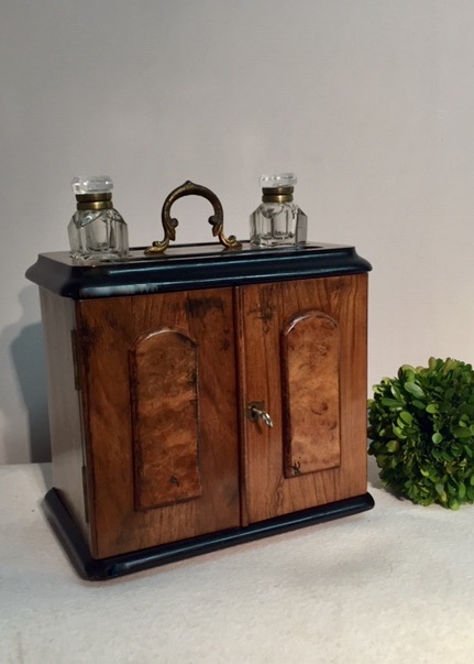 A 19th Century Victorian Burr Walnut Inkstand with Stationary Box and two Cristal Inkwells. Special Price 400 €.