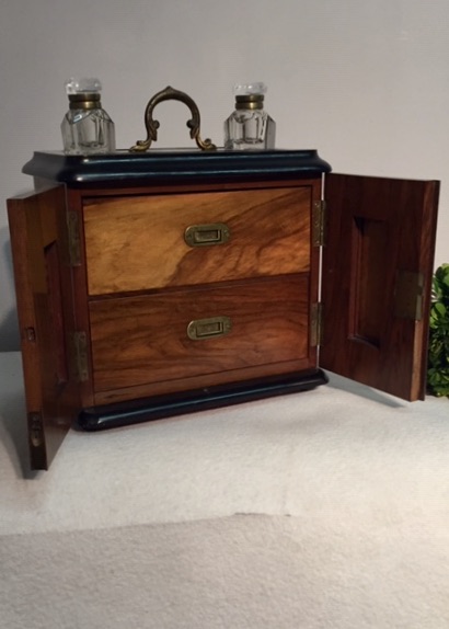 A 19th Century Victorian Burr Walnut Inkstand with Stationary Box and two Cristal Inkwells. Special Price 400 €.