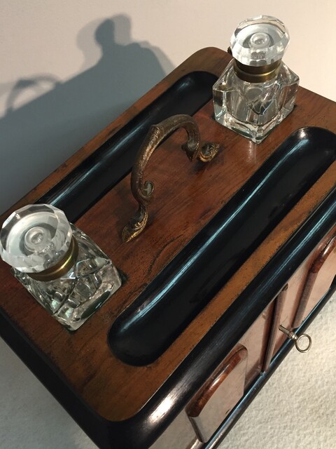 A 19th Century Victorian Burr Walnut Inkstand with Stationary Box and two Cristal Inkwells. Special Price 400 €.