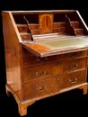 A Beautiful English 18th Century Burr Walnut Bureau having a Stepped Interior and Green Leather.