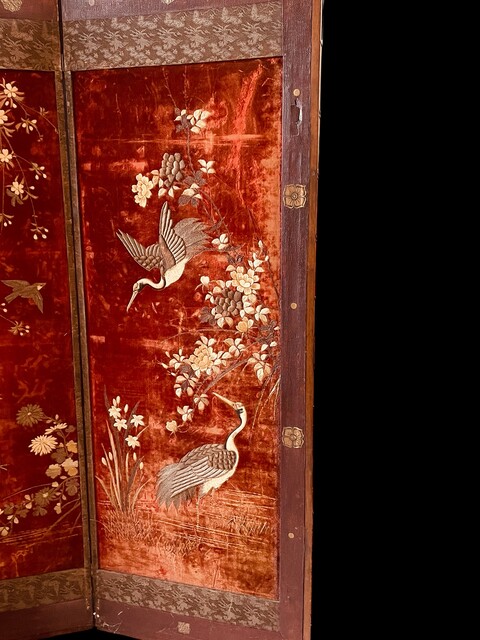 A Beautiful Japanese Meji Silk Screen ' Birds and Blossoms of Longevity ' Early 20th Century.