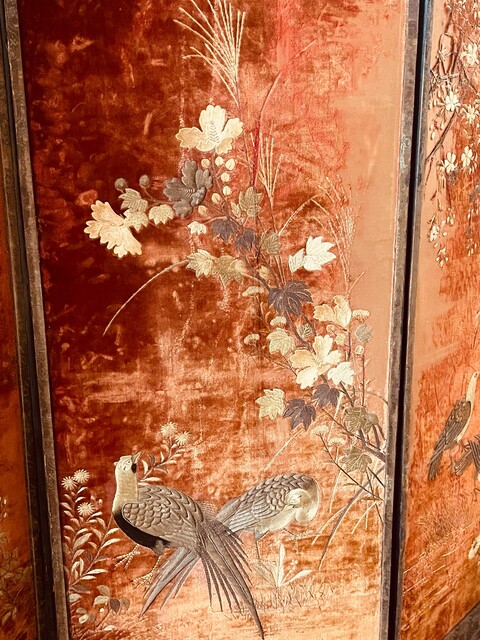 A Beautiful Japanese Meji Silk Screen ' Birds and Blossoms of Longevity ' Early 20th Century.