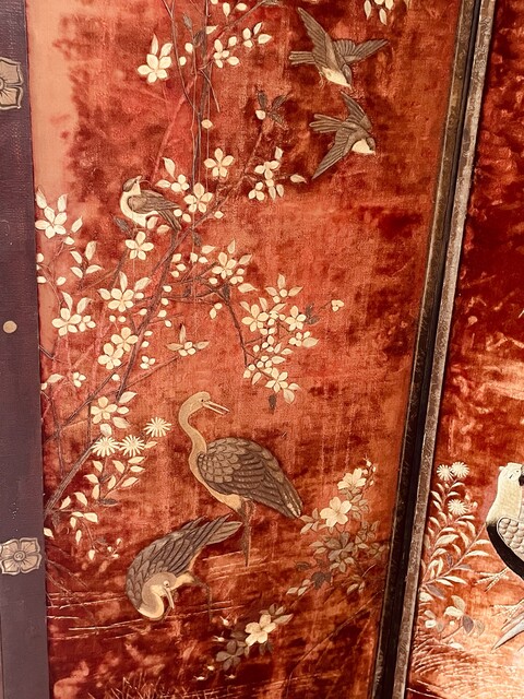 A Beautiful Japanese Meji Silk Screen ' Birds and Blossoms of Longevity ' Early 20th Century.