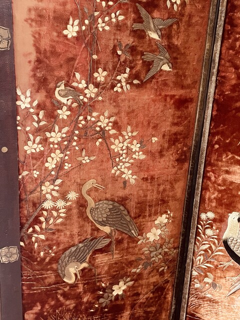 A Beautiful Japanese Meji Silk Screen ' Birds and Blossoms of Longevity ' Early 20th Century.
