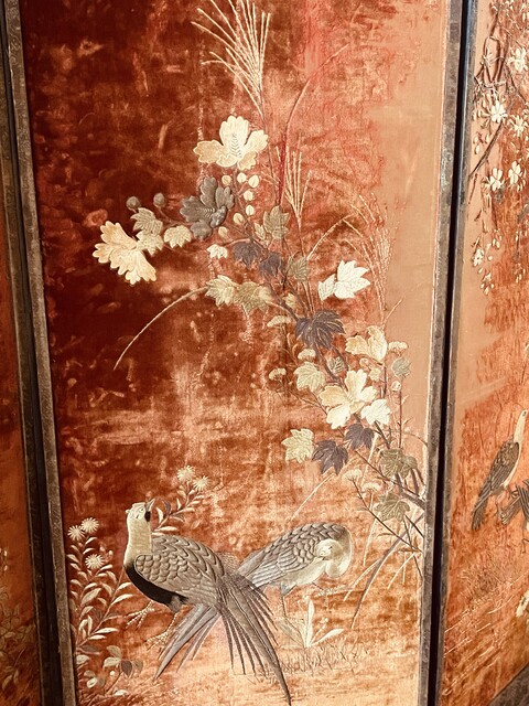 A Beautiful Japanese Meji Silk Screen ' Birds and Blossoms of Longevity ' Early 20th Century.