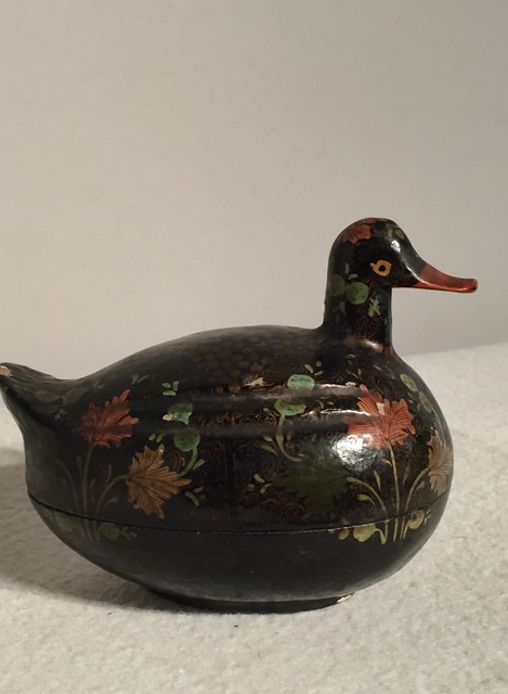 A Kashmiri / Indian Hand Painted Powder Box in the form of a Duck. Ca 1900.