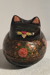 A Kashmiri/Indian Paper Mache Hand Painted Powder Box in the form of a Cat. Ca 1900.