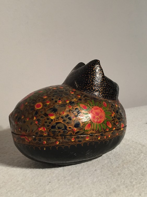 A Kashmiri/Indian Paper Mache Hand Painted Powder Box in the form of a Cat. Ca 1900.