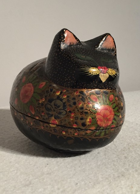 A Kashmiri/Indian Paper Mache Hand Painted Powder Box in the form of a Cat. Ca 1900.