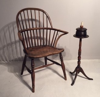 A Rare  18th Century English Mahogany Candlestick on a Tripod Base and a Ash and Elm English 18th Century Windsor Chair