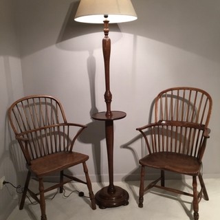 A Rare English Antique Oak Lamp Stand having a Wine Table. Two 18th Century Windsor Chairs.