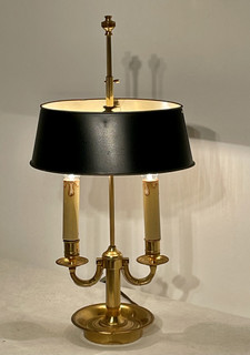 A Very Nice Antique Bouillotte Lamp or Desk Lamp in Bronze with Adjustable Shade in Green Tole.
