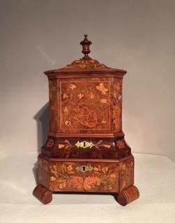 An 18th Century Dutch Walnut Kettlestand with an Amazing Floral Marquetery having two drawers. The two sides have a pair of 18th century shaped carrying handles.