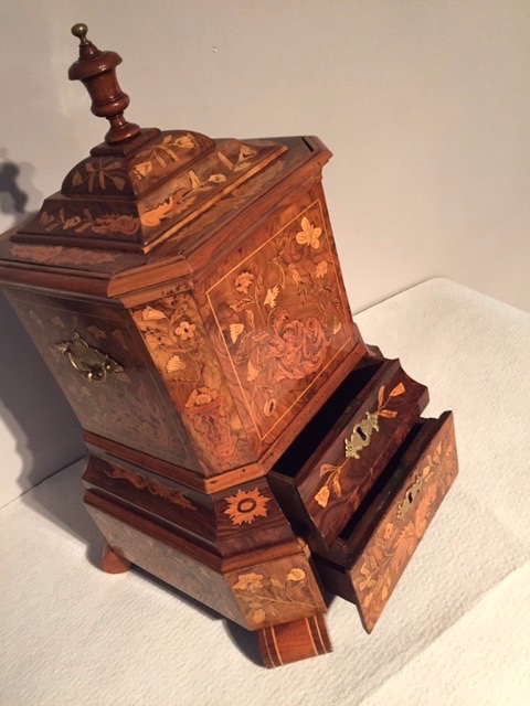 An 18th Century Dutch Walnut Kettlestand with an Amazing Floral Marquetery having two drawers. The two sides have a pair of 18th century shaped carrying handles.