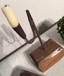 An 18th Century English Wrought-Iron Rushlight Candlestick on the original Oak Base