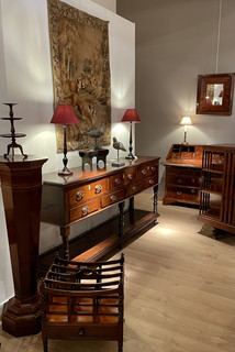 An 18th Century Oak Low Dresser. A 17th Century William and Mary Bureau. A Regency Canterbury. An Edwardian Mahogany Pedestal.