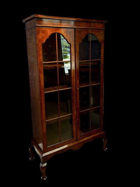 An Antique English Edwardian Burr Walnut Glazed Bookcase