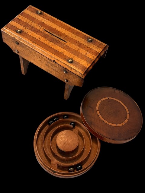 An Antique Scottish Treen Money Box and an Antique English Cedar and Boxwood Inlaid Pigs in Clover Game Ca 1830