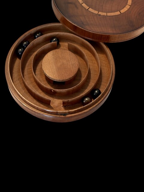 An Antique Scottish Treen Money Box and an Antique English Cedar and Boxwood Inlaid Pigs in Clover Game Ca 1830