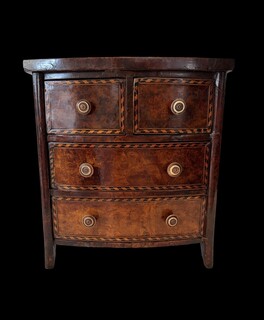 An early 19th century apprentice chest of drawers in mahogany with burr walnut veneered drawer fronts, ebony and satinwood stringing, decorative crossbanding and turned bone handles.