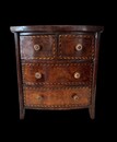 An early 19th century apprentice chest of drawers in mahogany with burr walnut veneered drawer fronts, ebony and satinwood stringing, decorative crossbanding and turned brass handles.