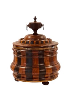 An Early 19th Century Tobacco Jar. Stave construction in Walnut, Ebony and Boxwood. Ca 1800.