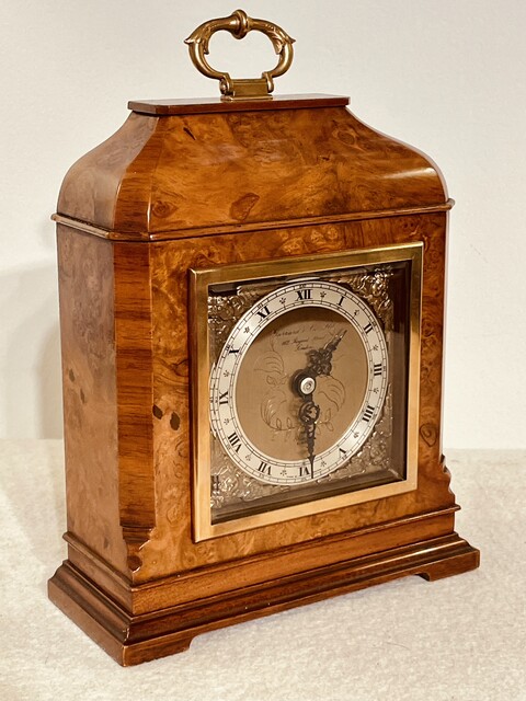 An Early 20th Century Burr Walnut ' Elliott of London ' Clock. Retailed by Garrard & Co, Regent Street, London.