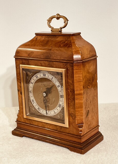 An Early 20th Century Burr Walnut ' Elliott of London ' Clock. Retailed by Garrard & Co, Regent Street, London.