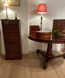 An Early 20th Century Oak Filling Cabinet. An Early 19th Century Rosewood Breakfast Table. An Antique Kashmiri Lamp Stand. A 19th Century Miniature Chest of Drawers.