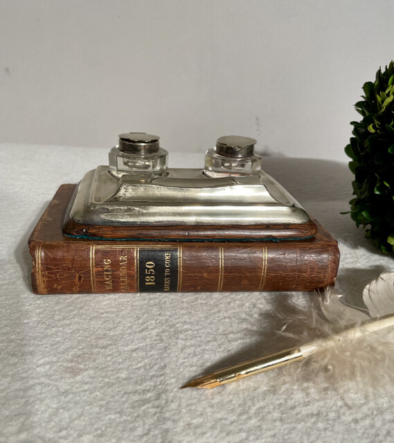 An Early 20th Century Sheffield Silver Plated Inkstand and Crystal Inkwells. Special Price 180 €.