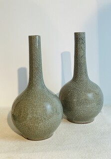 An End 19th Century Beautiful Pair of Japanese Celadon Vases. Crackle Glaze Monochrome Porselain 