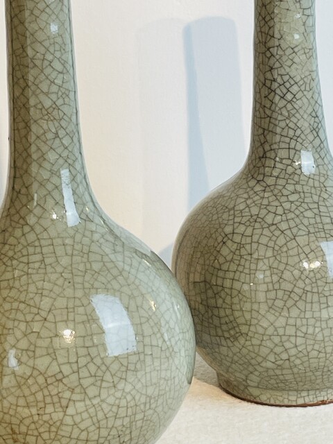 An End 19th Century Beautiful Pair of Japanese Celadon Vases. Crackle Glaze Monochrome Porselain 