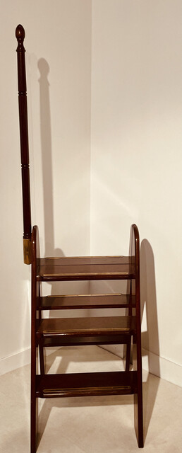 An English 19th Century Mahogany Double Library Step having a tall Hand Support Pole.