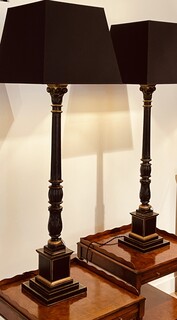 An English 19th Century Pair of Lamp stands. Classical Column Ebenised and Gilded.