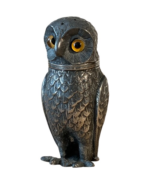 An English 19th Century Pewter Owl-Form Pounce Pot ( Sander ) with glass eyes.