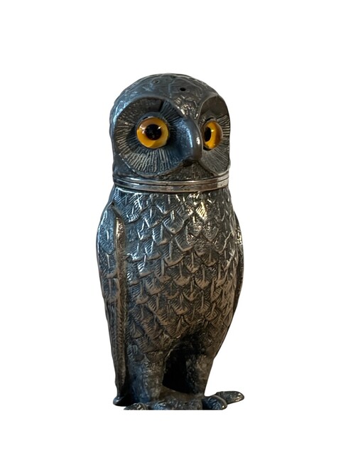 An English 19th Century Pewter Owl-Form Pounce Pot ( Sander ) with glass eyes.