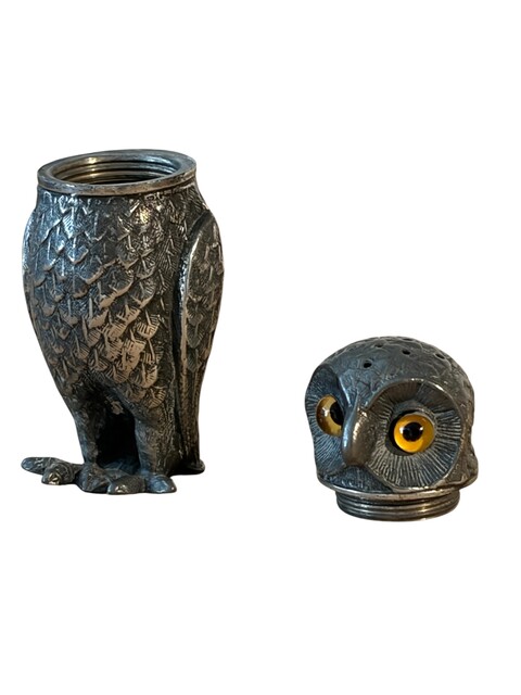 An English 19th Century Pewter Owl-Form Pounce Pot ( Sander ) with glass eyes.