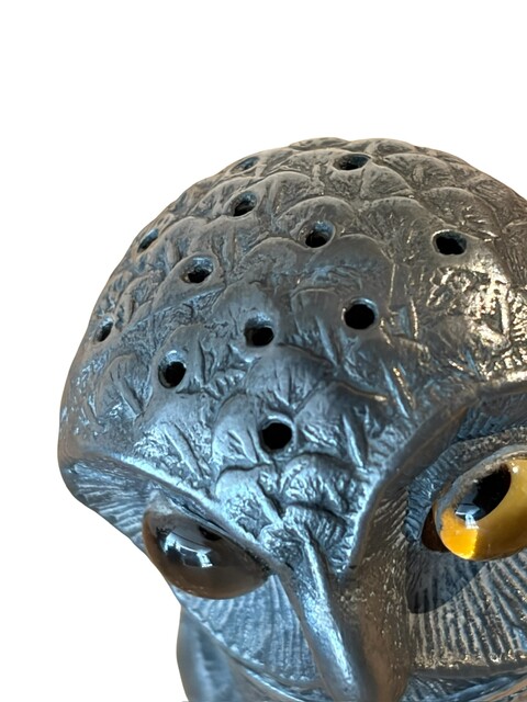 An English 19th Century Pewter Owl-Form Pounce Pot ( Sander ) with glass eyes.