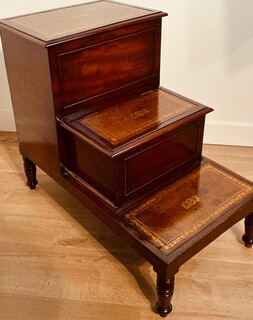 An English 19th Century Set of Mahogany Library Steps with two Storage area and Beautiful Old Leather Treads.