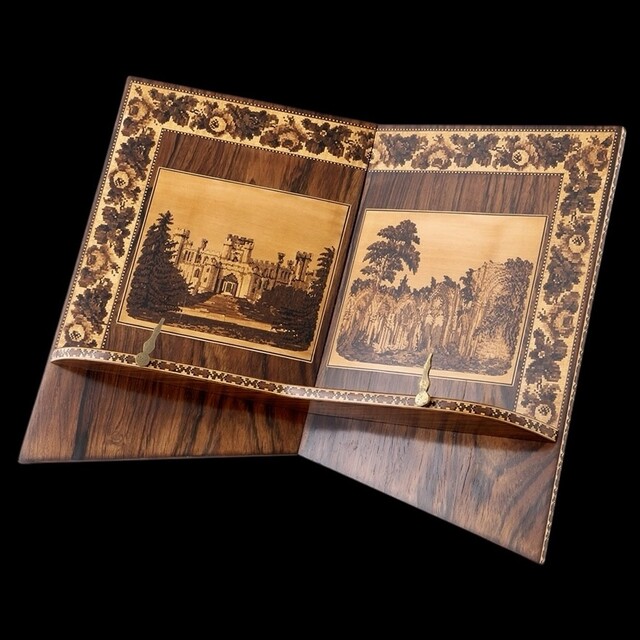 An English 19th Century Tunbridge Ware Book Stand with Images of Easton Castle and the Ruins of Netley Abbey. Henry Hollamby. Tunbridge Wells, Kent.