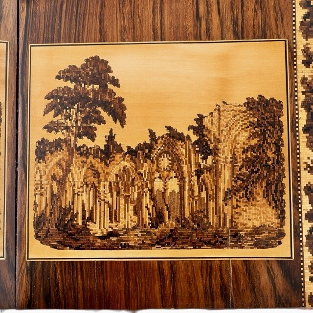 An English 19th Century Tunbridge Ware Book Stand with Images of Easton Castle and the Ruins of Netley Abbey. Henry Hollamby. Tunbridge Wells, Kent.