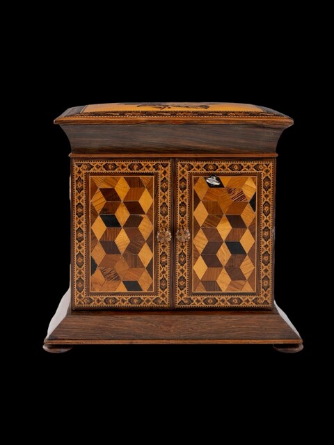 An English 19th Century Tunbridge Ware Cabinet with Cube Work and Floral Mosaic.