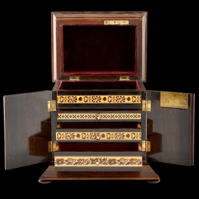 An English 19th Century Tunbridge Ware Cabinet with Cube Work and Floral Mosaic.