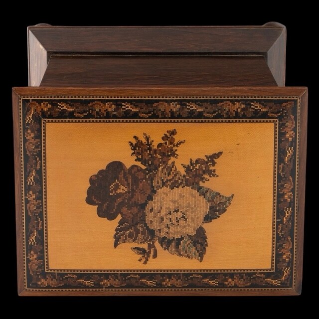 An English 19th Century Tunbridge Ware Cabinet with Cube Work and Floral Mosaic.